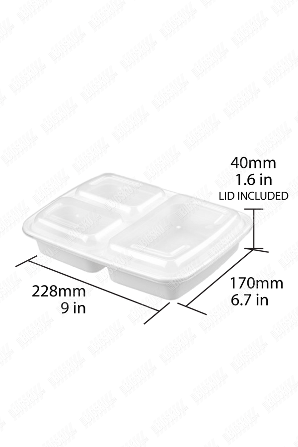 Takeout Food Container 3-Compartment Set - Rectangular